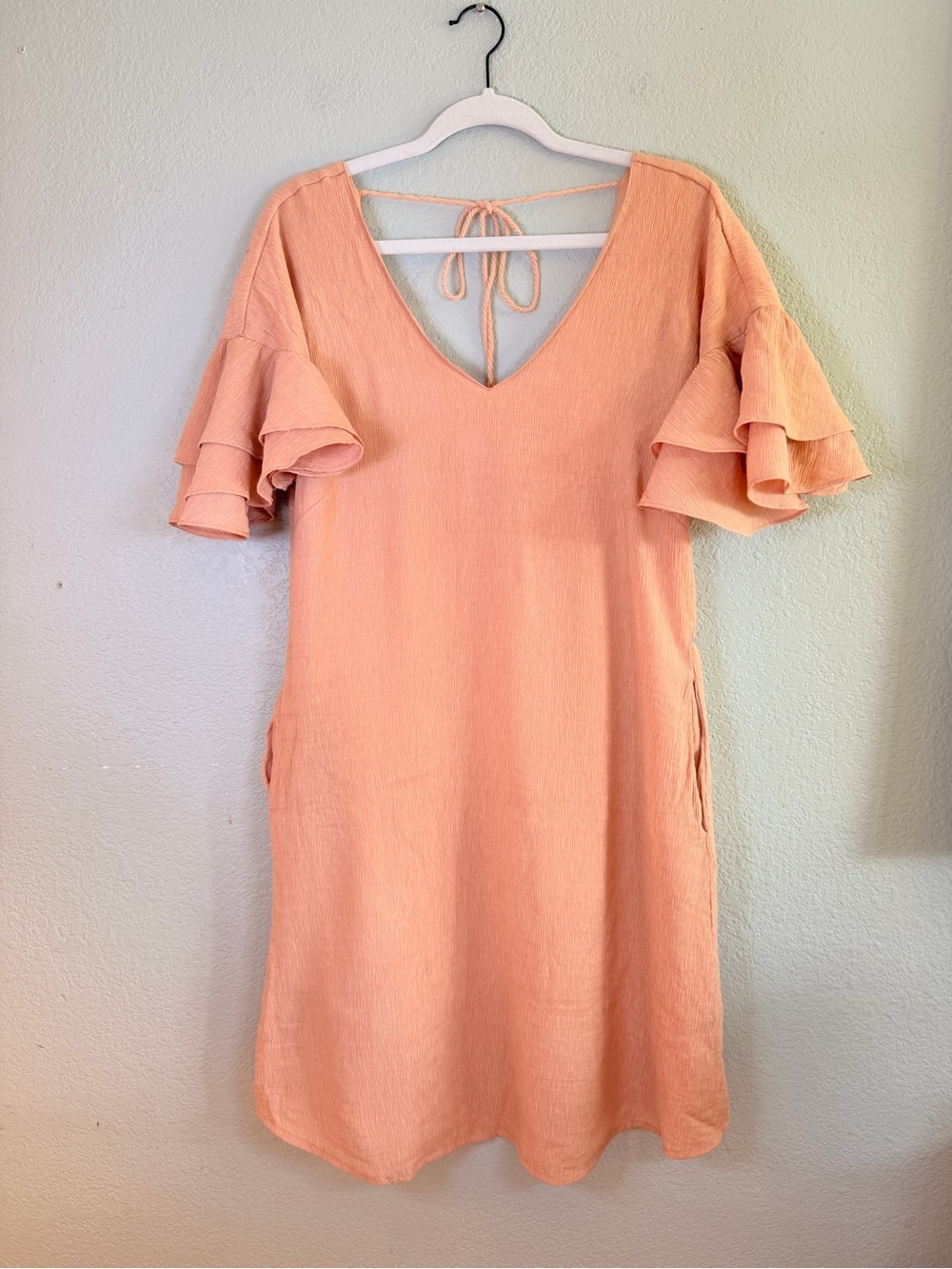 Davi and Dani Crinkle Textured Ruffle Short Sleeve Bohemian Peach Spring Dress L